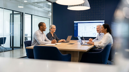Diverse IT consultants collaborating in a modern office